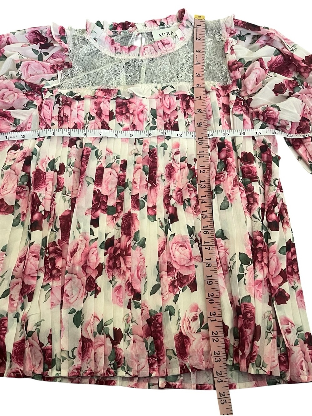 Aura Encourage Her Ivory Multi Floral Print Top Lace Yoke Ruffle Trim Pink M - Picture 4 of 7